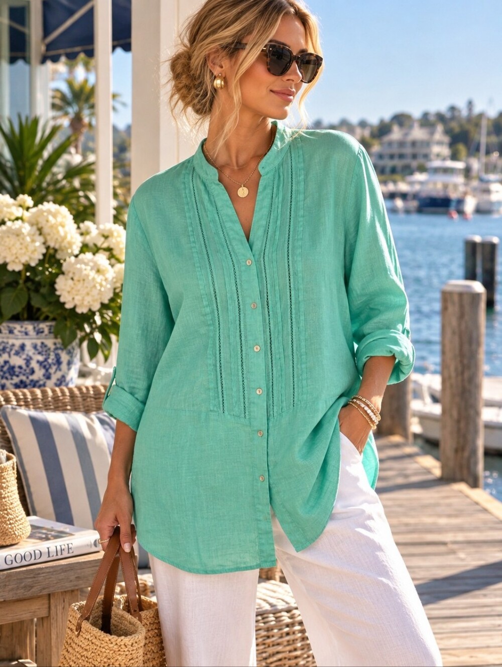 J.JILL Linen Tunic Womens Plus 2X Green Button Front Coastal Lagenlook Beachy